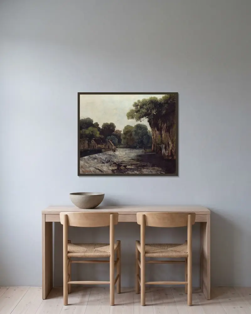 Dammanläggningen vid kvarnen av Gustave Courbet inramad på en vägg