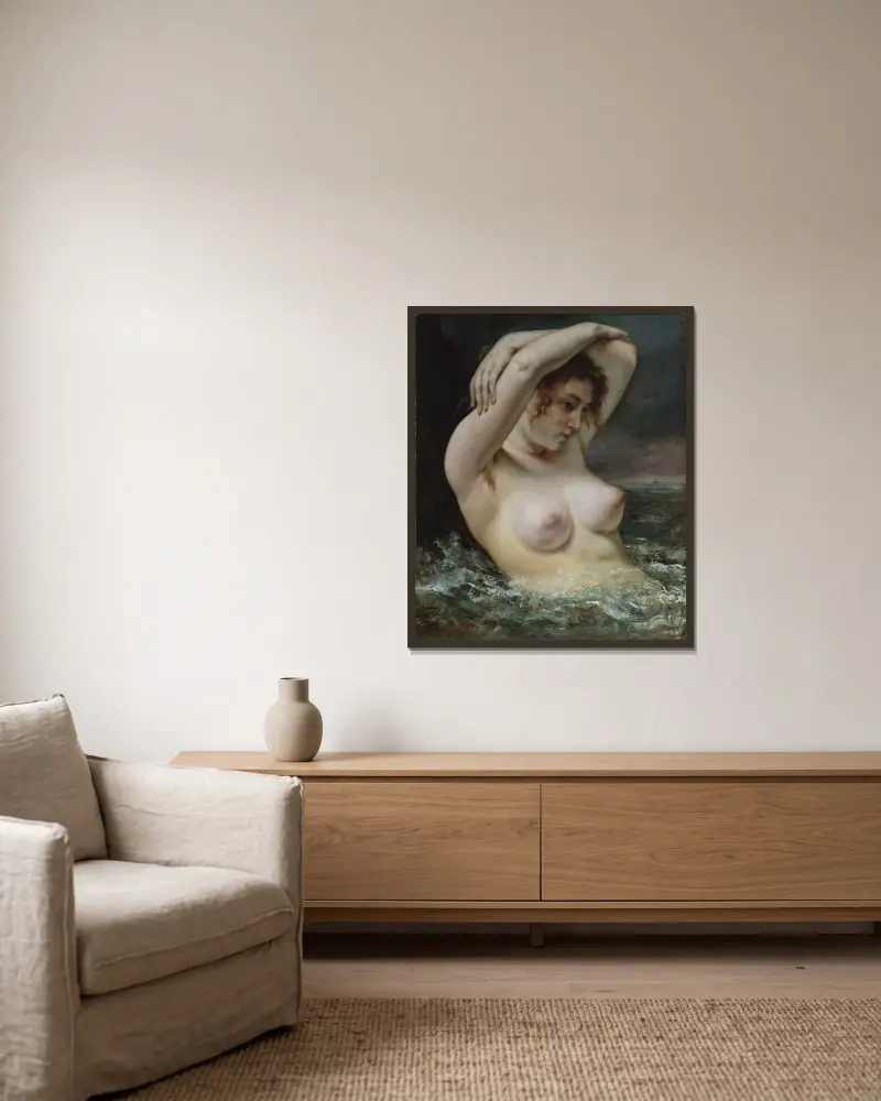 Die Frau in den Wellen von Gustave Courbet gerahmt an einer Wand