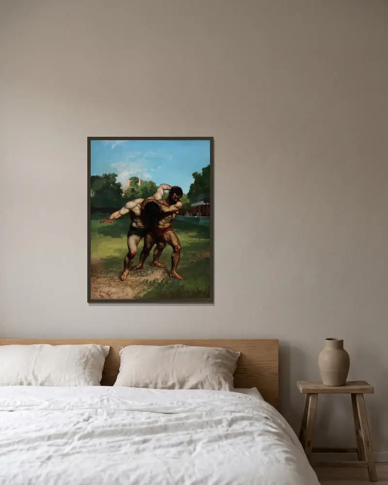 The Wrestlers av Gustave Courbet inramad på en vägg
