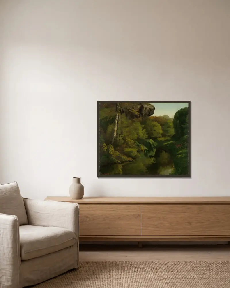 Waldlandschaft in Fontainebleau von Gustave Courbet gerahmt an einer Wand