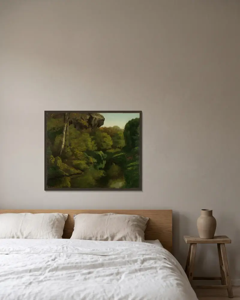 Waldlandschaft in Fontainebleau von Gustave Courbet gerahmt an einer Wand