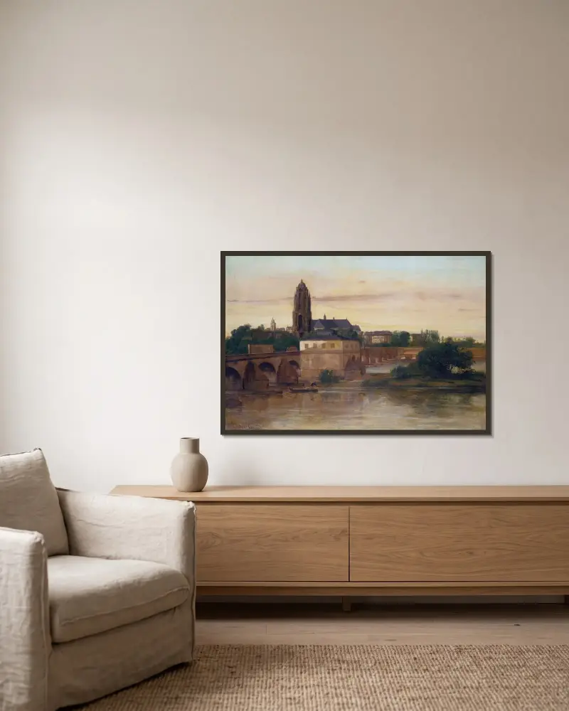 Vy över Frankfurt med den gamla bron från Sachsenhausen av Gustave Courbet inramad på en vägg