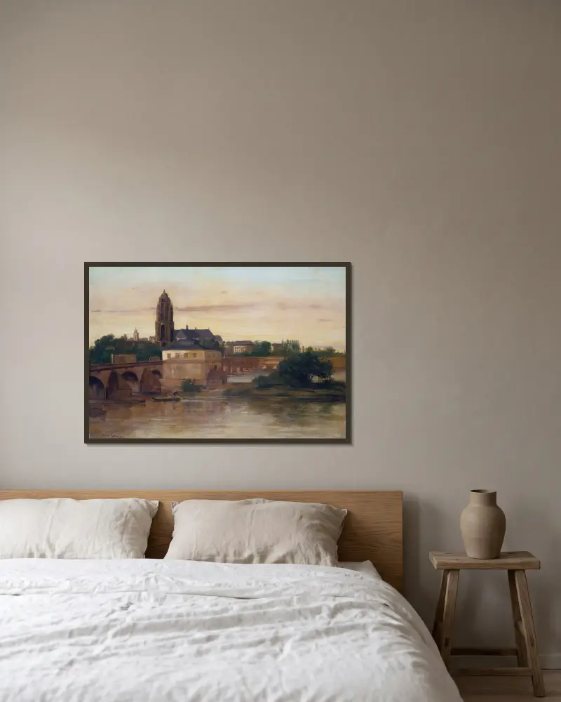 Vy över Frankfurt med den gamla bron från Sachsenhausen av Gustave Courbet inramad på en vägg