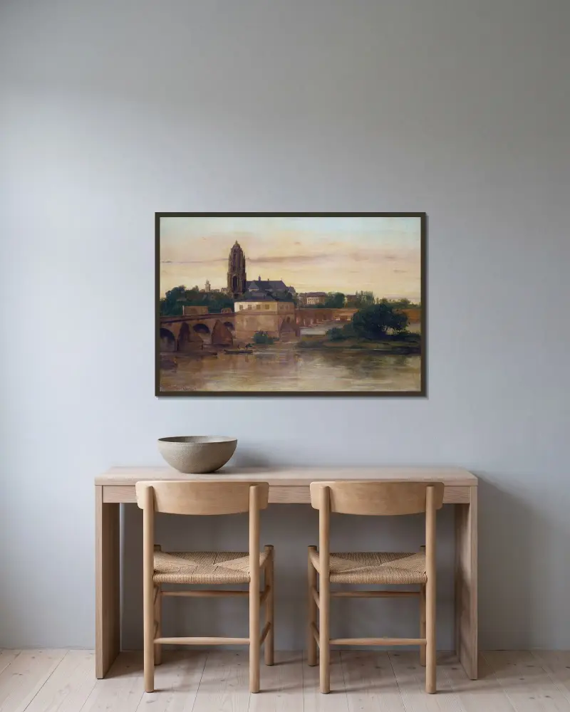 Vy över Frankfurt med den gamla bron från Sachsenhausen av Gustave Courbet inramad på en vägg