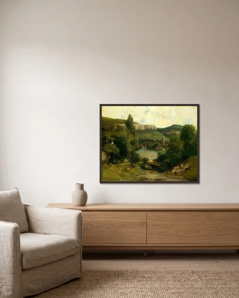 Vy över Ornans av Gustave Courbet inramad på en vägg