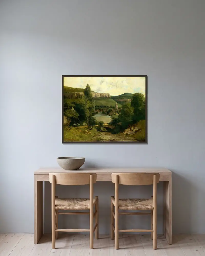 Vy över Ornans av Gustave Courbet inramad på en vägg