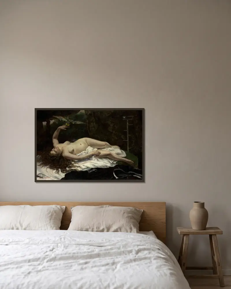 Frau mit Papagei von Gustave Courbet gerahmt an einer Wand