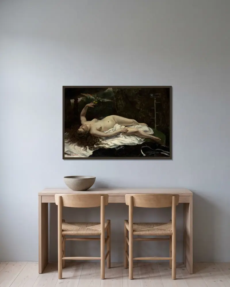 Frau mit Papagei von Gustave Courbet gerahmt an einer Wand