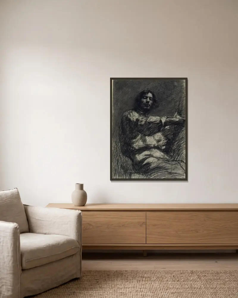 Ung man sittande, studie. Självporträtt kallat Vid staffliet av Gustave Courbet inramad på en vägg