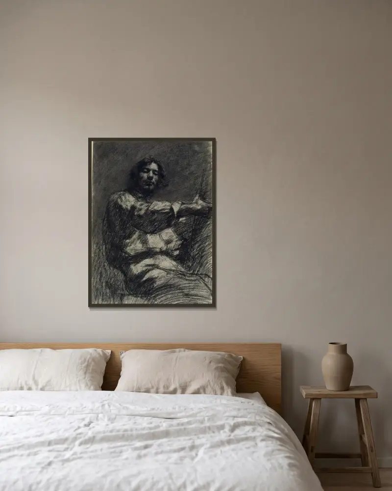 Ung man sittande, studie. Självporträtt kallat Vid staffliet av Gustave Courbet inramad på en vägg