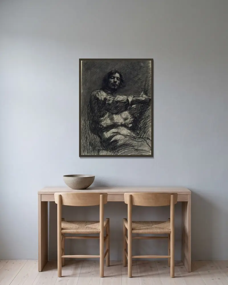 Ung man sittande, studie. Självporträtt kallat Vid staffliet av Gustave Courbet inramad på en vägg