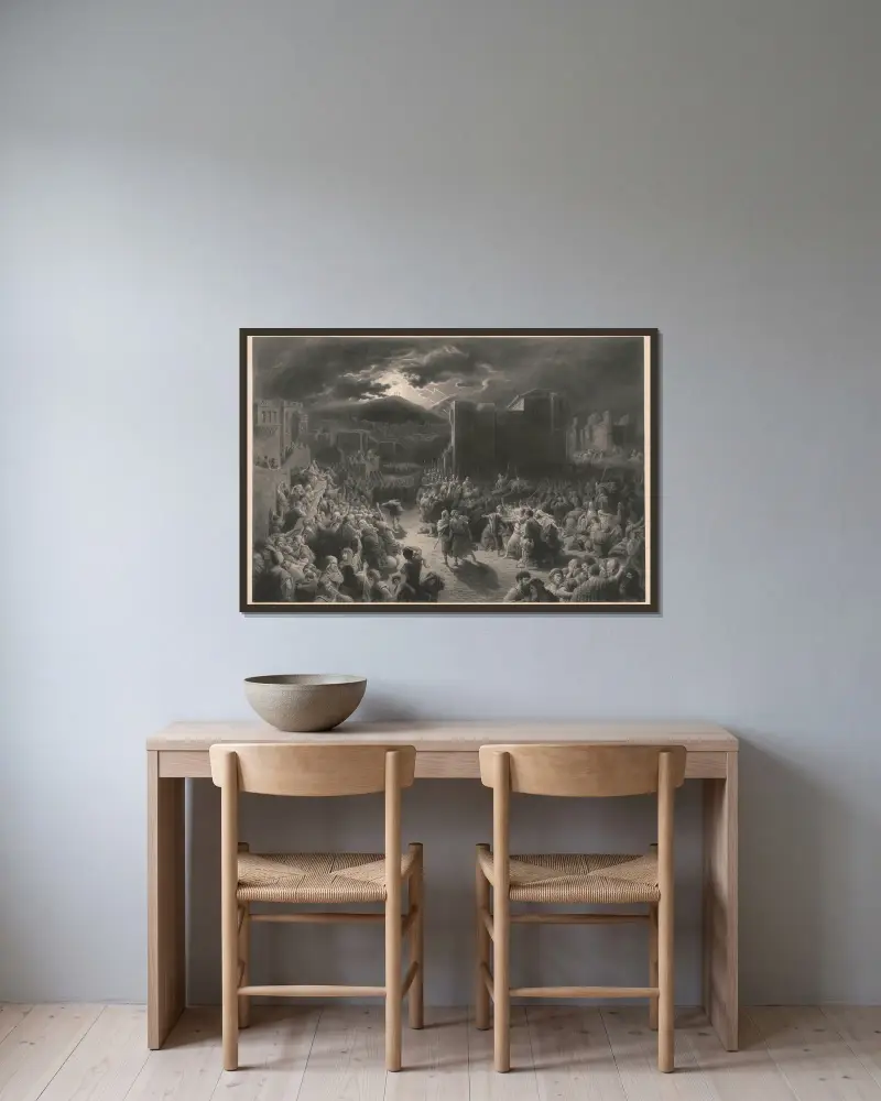 Korsfästelsescen av Gustave Doré inramad på en vägg