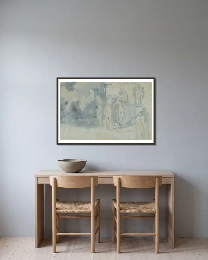 Skisser av människor, inklusive en kvinnlig nakenakt av Gustave Doré inramad på en vägg