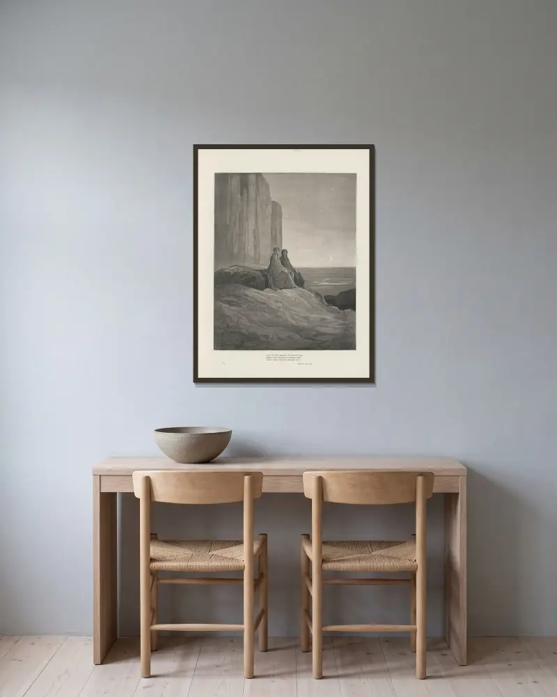 Dantes Vision von Fegefeuer und Paradies, Tafel 14 von Gustave Doré gerahmt an einer Wand