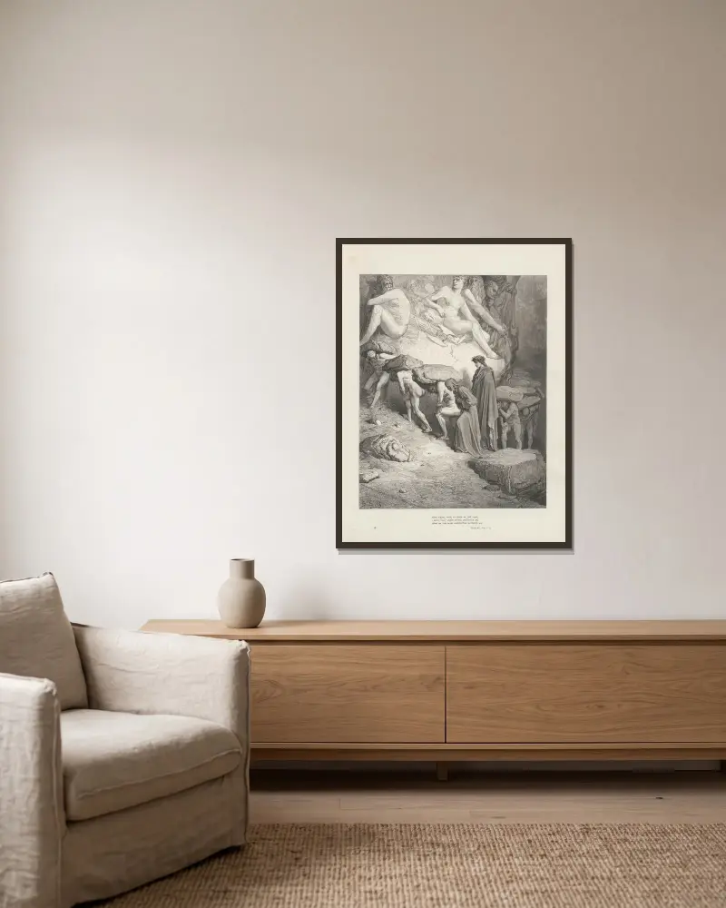 Dantes vision av skärselden och paradiset, plansch 18 av Gustave Doré inramad på en vägg