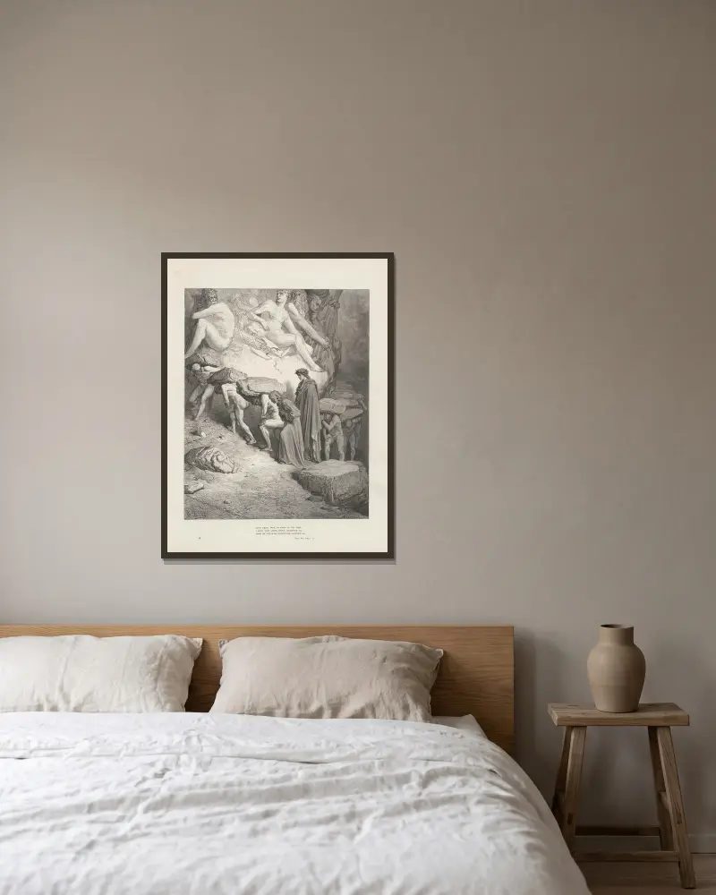 Dantes vision av skärselden och paradiset, plansch 18 av Gustave Doré inramad på en vägg