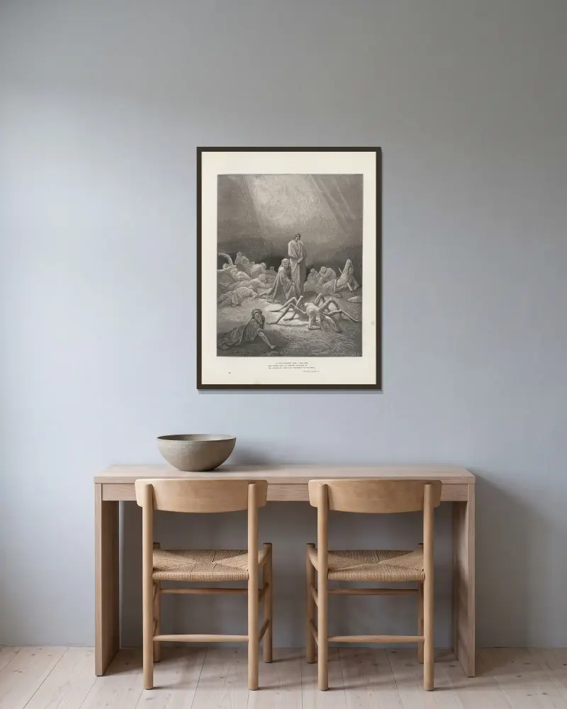 Dantes vision av skärselden och paradiset, plansch 19 av Gustave Doré inramad på en vägg