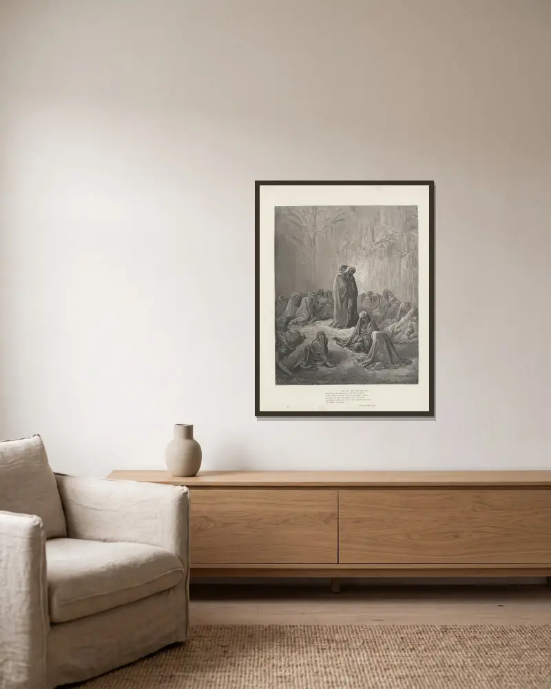 Dantes Vision von Fegefeuer und Paradies, Tafel 20 von Gustave Doré gerahmt an einer Wand