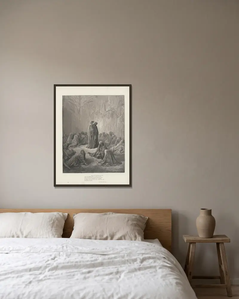 Dantes Vision von Fegefeuer und Paradies, Tafel 20 von Gustave Doré gerahmt an einer Wand