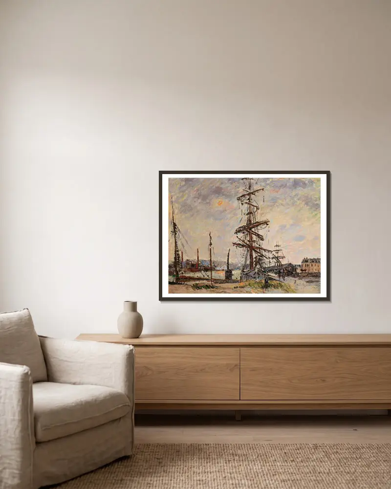 Boote am Kai in Le Havre von Gustave Loiseau gerahmt an einer Wand