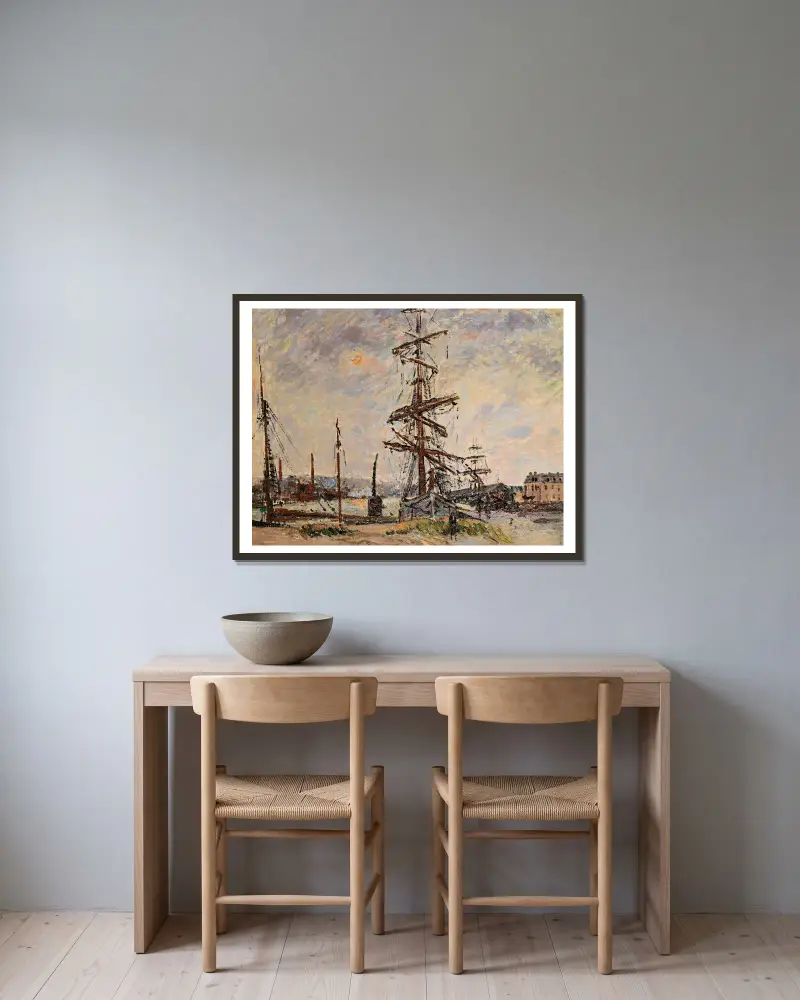 Boote am Kai in Le Havre von Gustave Loiseau gerahmt an einer Wand