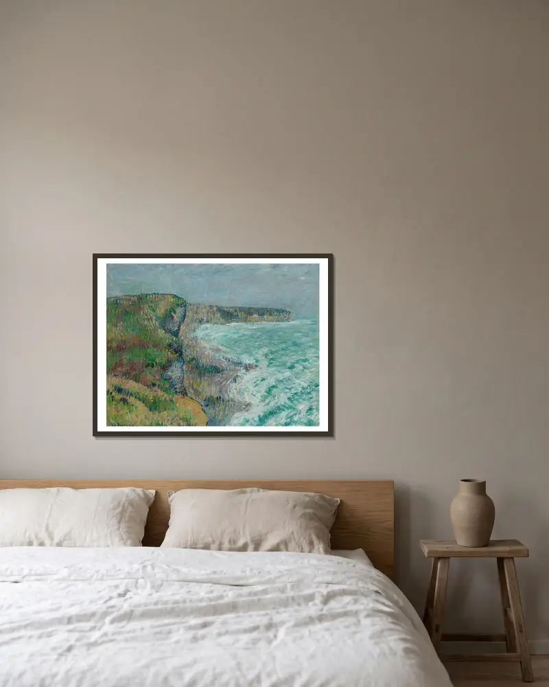 Klipporna vid Yport på vintern av Gustave Loiseau inramad på en vägg