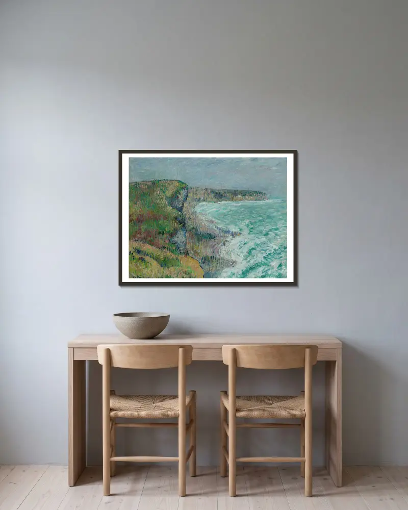 Klipporna vid Yport på vintern av Gustave Loiseau inramad på en vägg