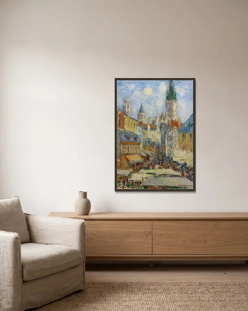 La Place de la Basse, gamla tornet och torghandeln, rue de l’Épicerie av Gustave Loiseau inramad på en vägg