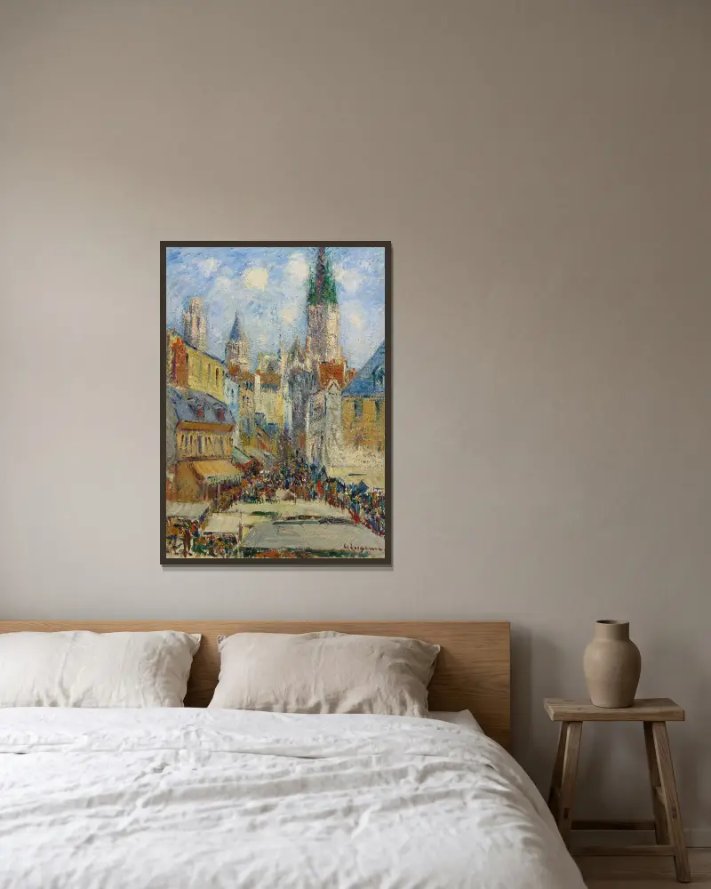 La Place de la Basse, gamla tornet och torghandeln, rue de l’Épicerie av Gustave Loiseau inramad på en vägg