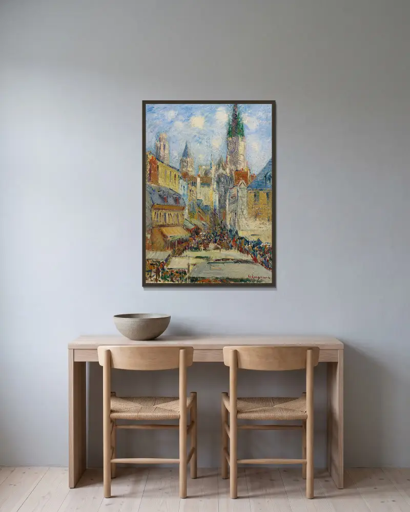 La Place de la Basse, gamla tornet och torghandeln, rue de l’Épicerie av Gustave Loiseau inramad på en vägg