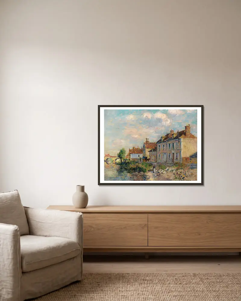 Le Quai Saint-Martin, Auxerre av Gustave Loiseau inramad på en vägg