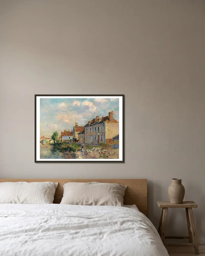 Le Quai Saint-Martin, Auxerre av Gustave Loiseau inramad på en vägg
