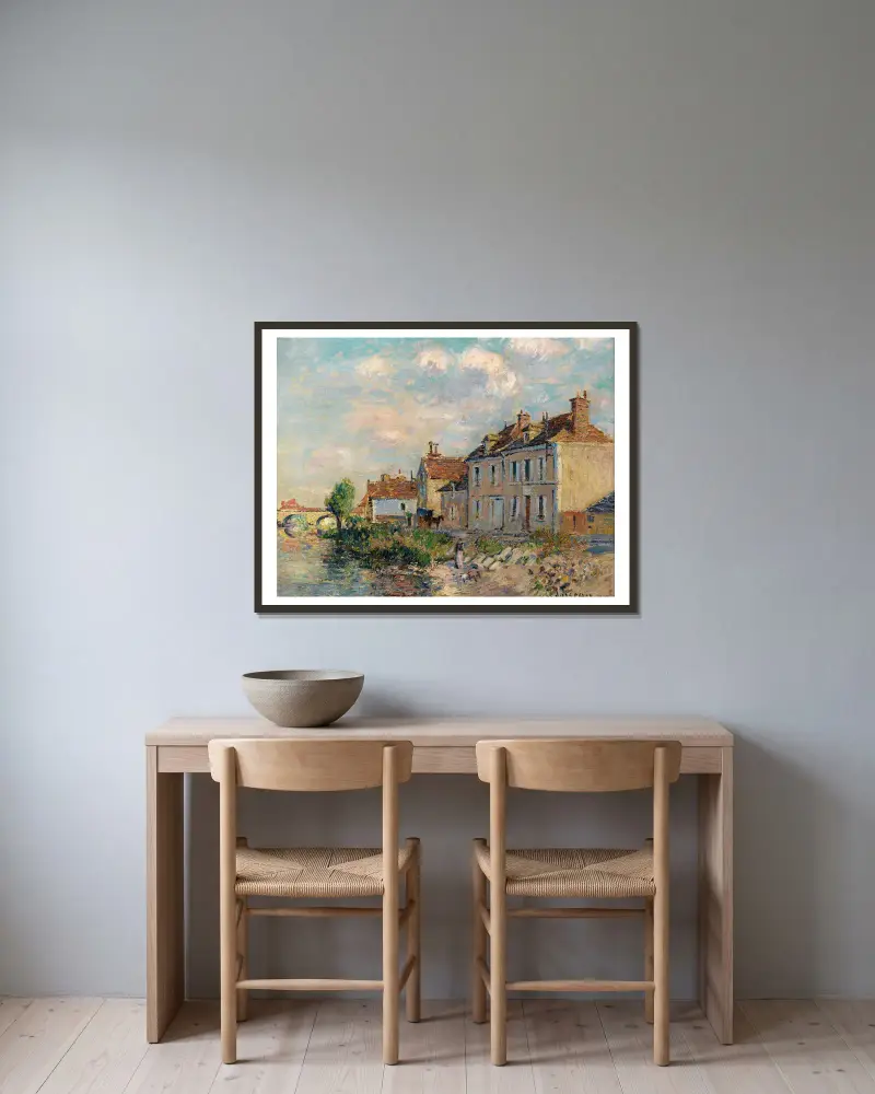 Le Quai Saint-Martin, Auxerre av Gustave Loiseau inramad på en vägg