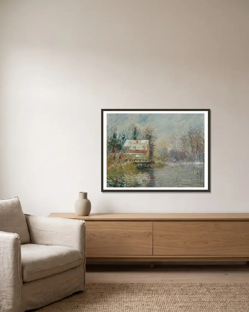 Dom nad wodą, efekt śnieżny, Gustave Loiseau w ramie na ścianie