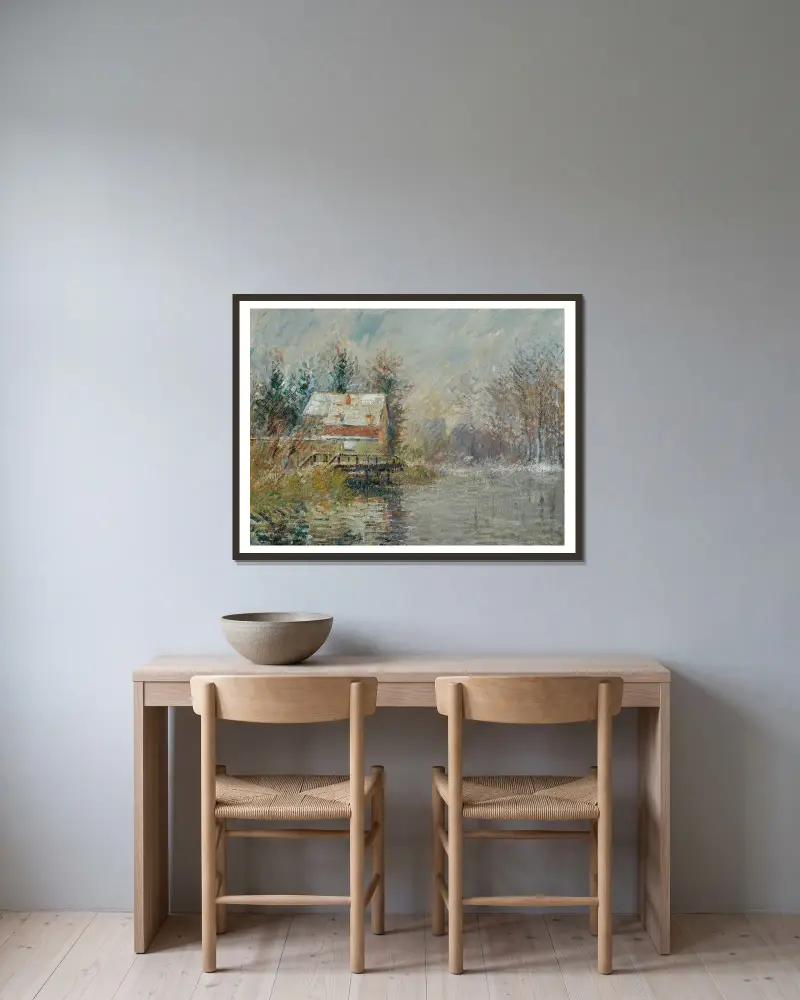 Dom nad wodą, efekt śnieżny, Gustave Loiseau w ramie na ścianie