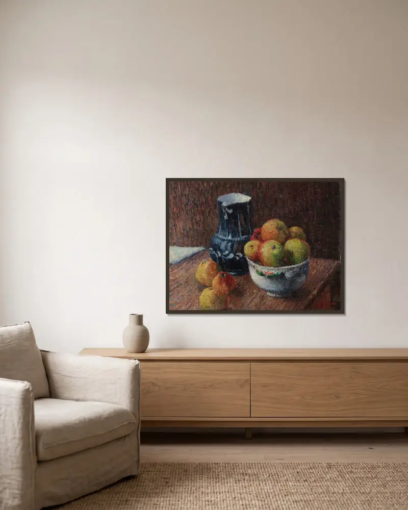 Stillleben mit Krug und Äpfeln von Gustave Loiseau gerahmt an einer Wand