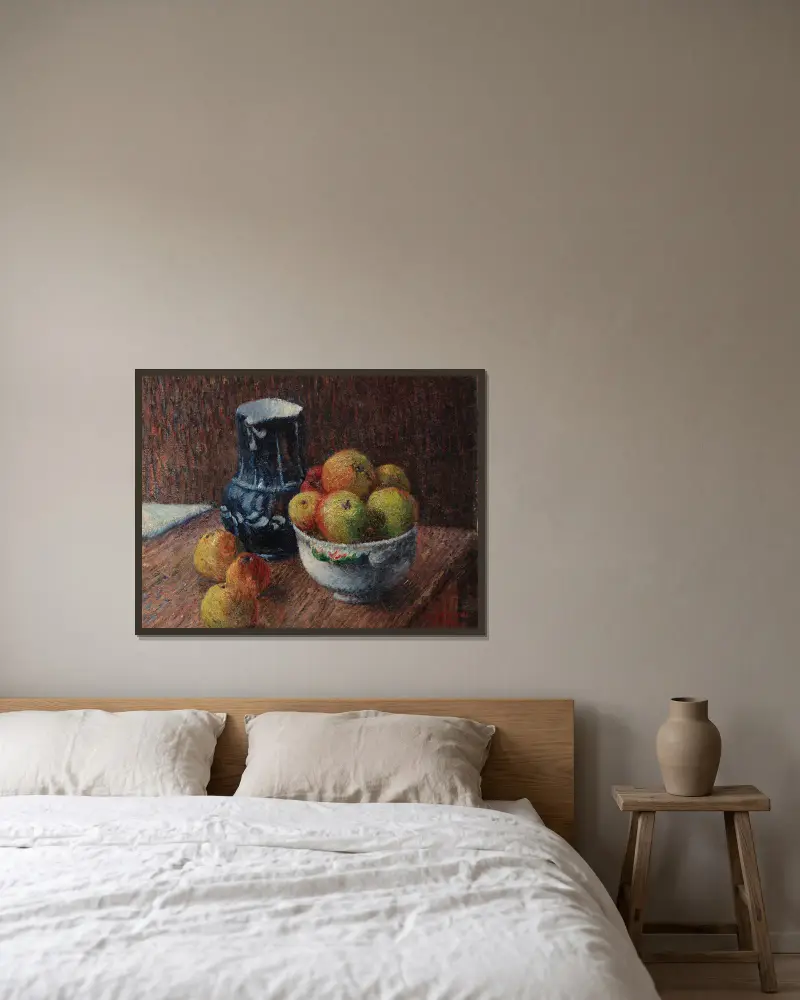 Stillleben mit Krug und Äpfeln von Gustave Loiseau gerahmt an einer Wand