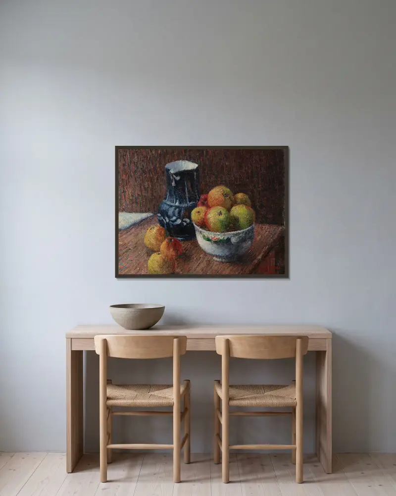 Stillleben mit Krug und Äpfeln von Gustave Loiseau gerahmt an einer Wand