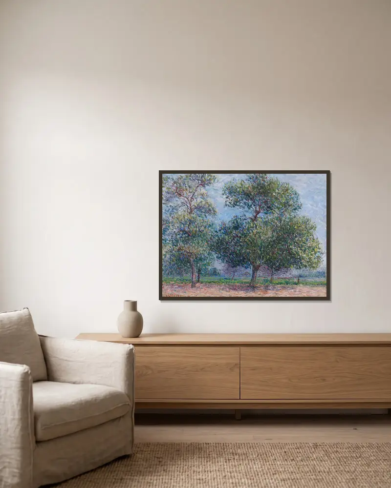 Vår, blommande äppelträd av Gustave Loiseau inramad på en vägg