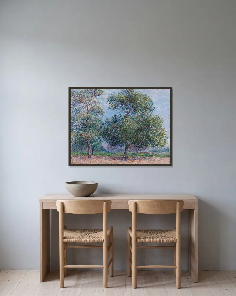 Vår, blommande äppelträd av Gustave Loiseau inramad på en vägg