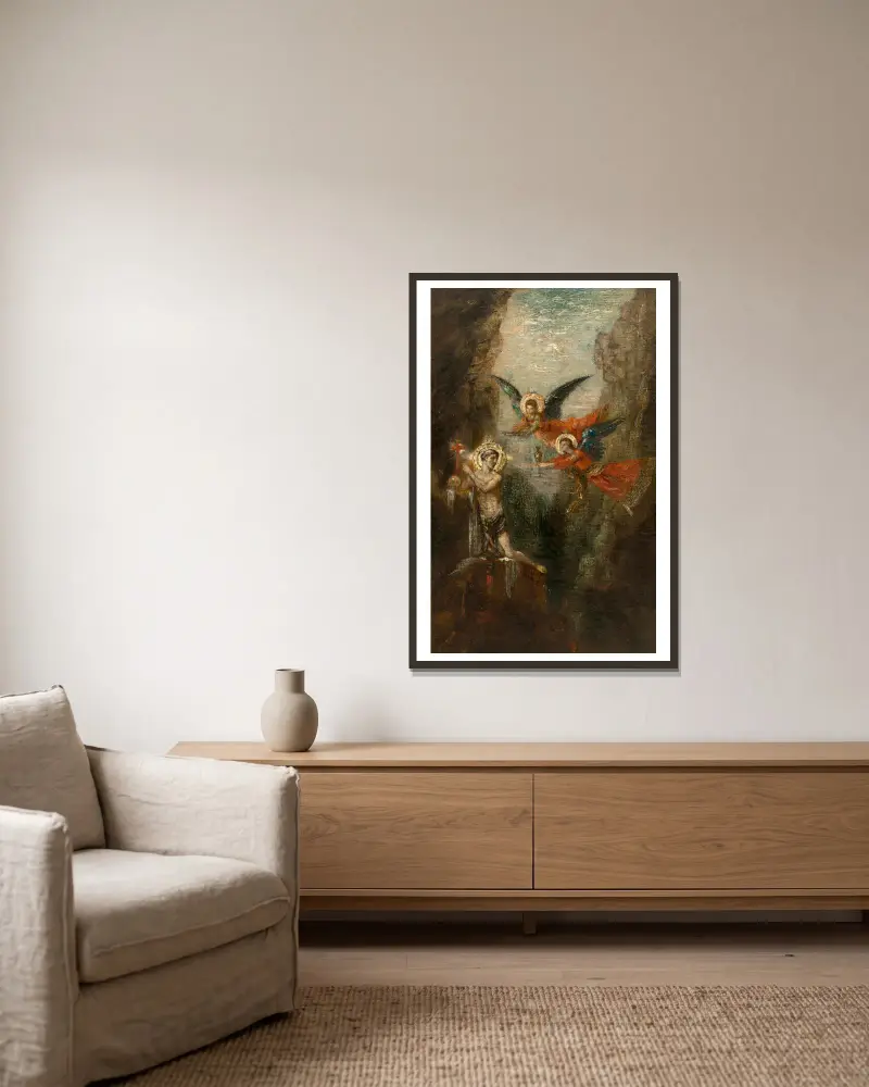 A Saint In The Desert av Gustave Moreau inramad på en vägg