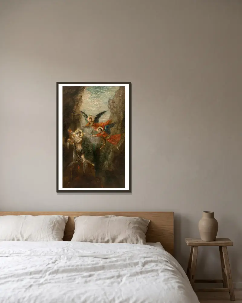 A Saint In The Desert av Gustave Moreau inramad på en vägg