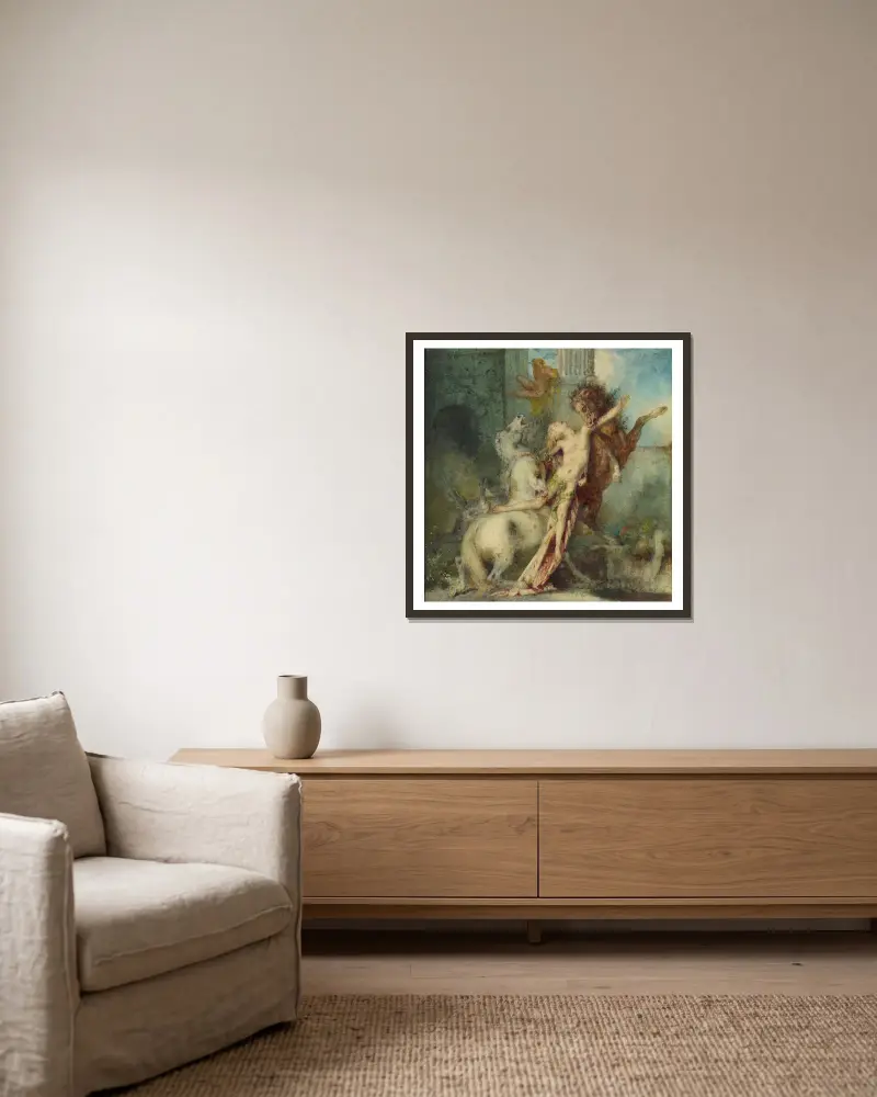 Diomedes, von seinen Pferden verschlungen, 1866 von Gustave Moreau gerahmt an einer Wand