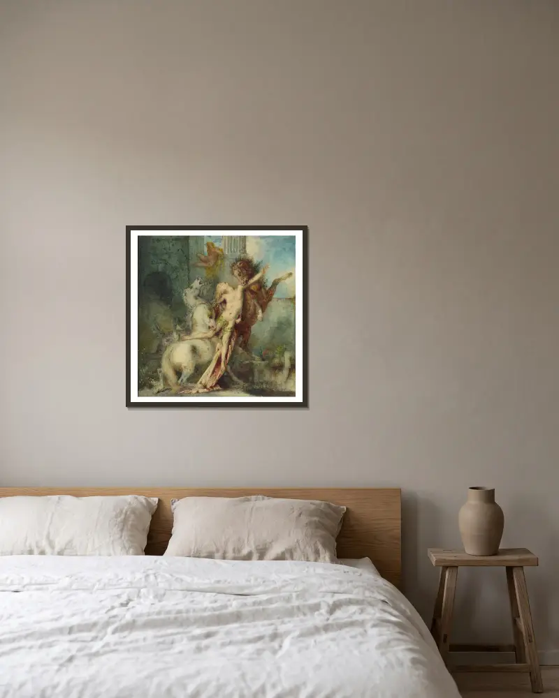 Diomedes, von seinen Pferden verschlungen, 1866 von Gustave Moreau gerahmt an einer Wand