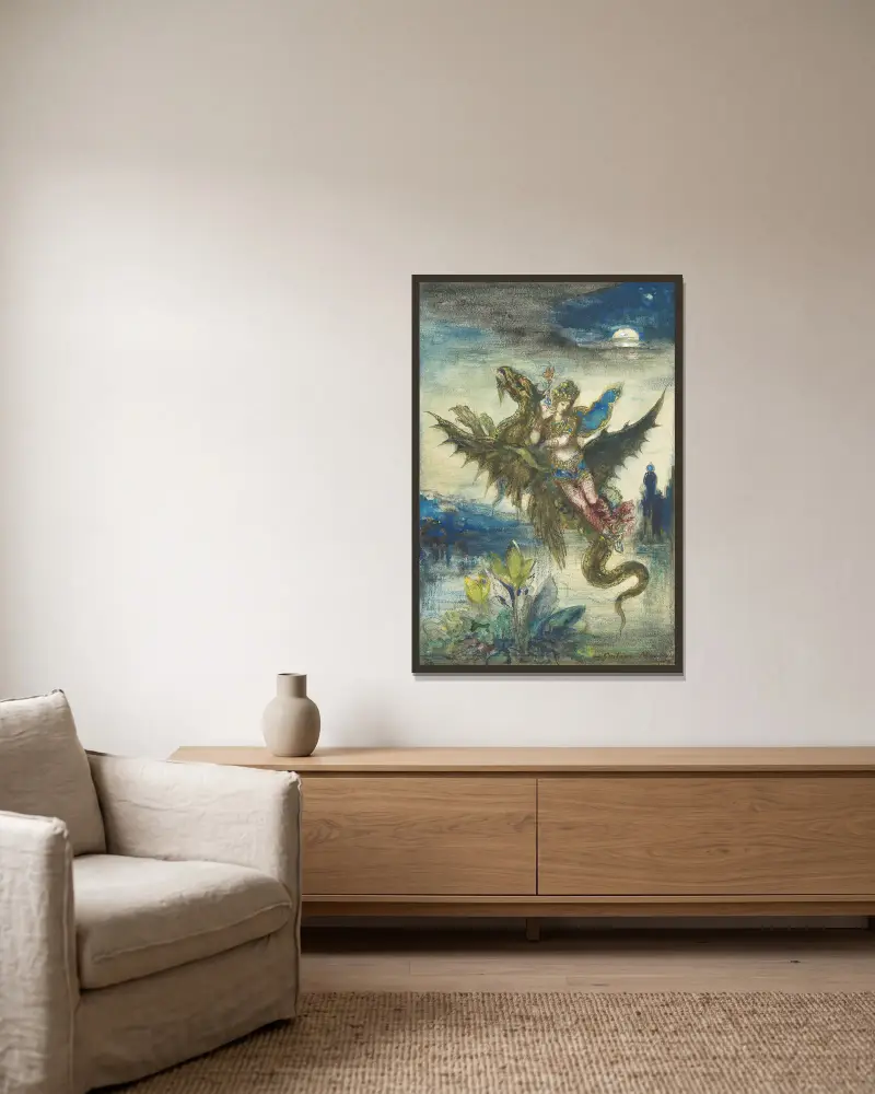 Drömmen om Orienten av Gustave Moreau inramad på en vägg