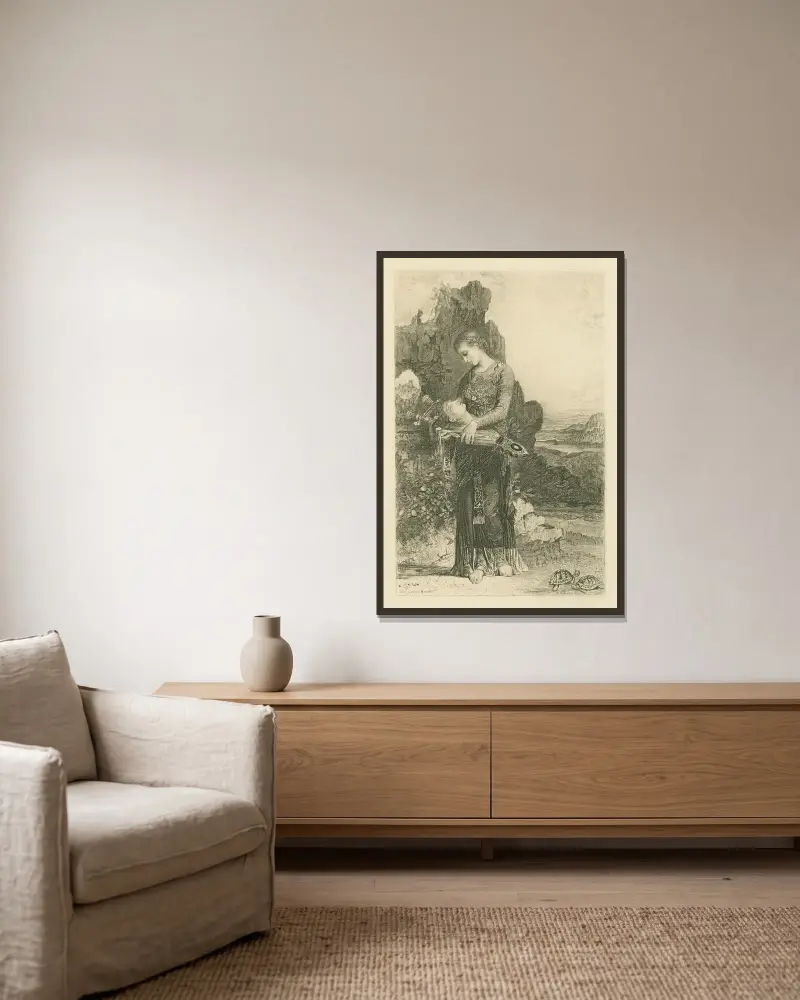 Orpheus' Haupt auf seiner Leier von Gustave Moreau gerahmt an einer Wand