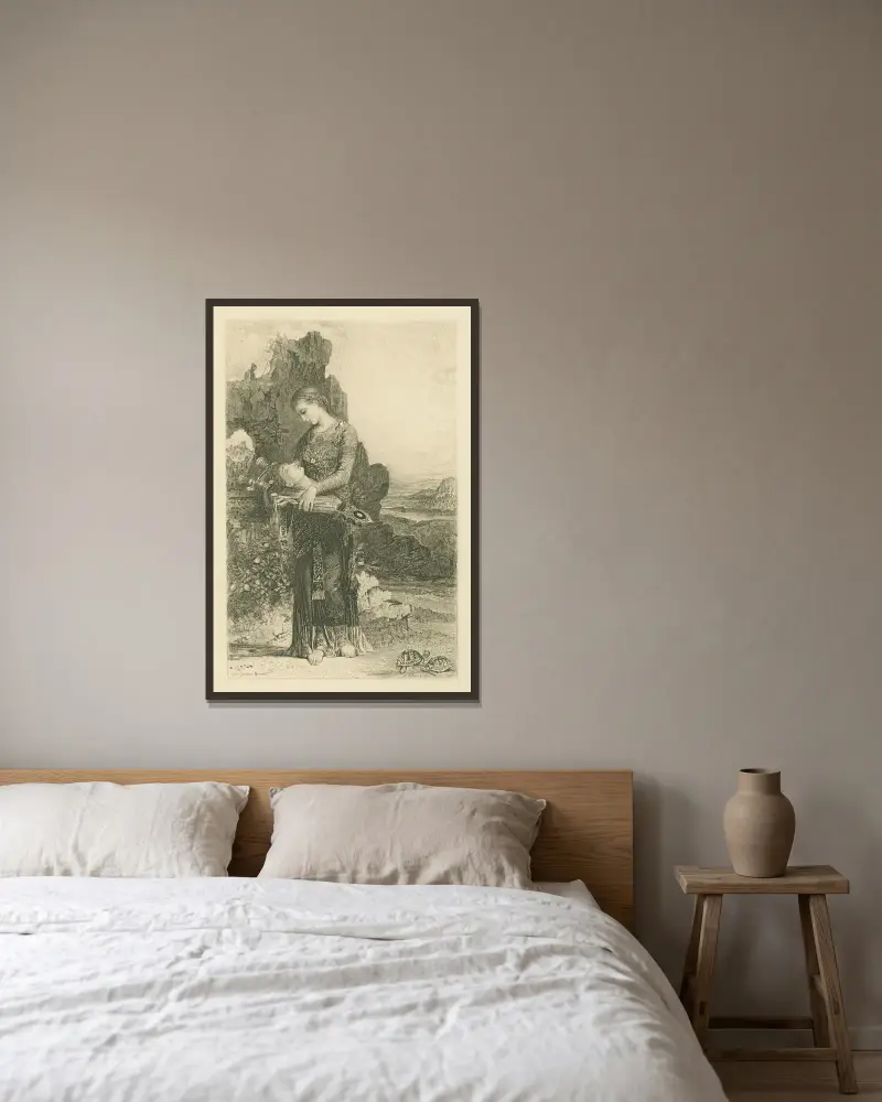 Orpheus' Haupt auf seiner Leier von Gustave Moreau gerahmt an einer Wand