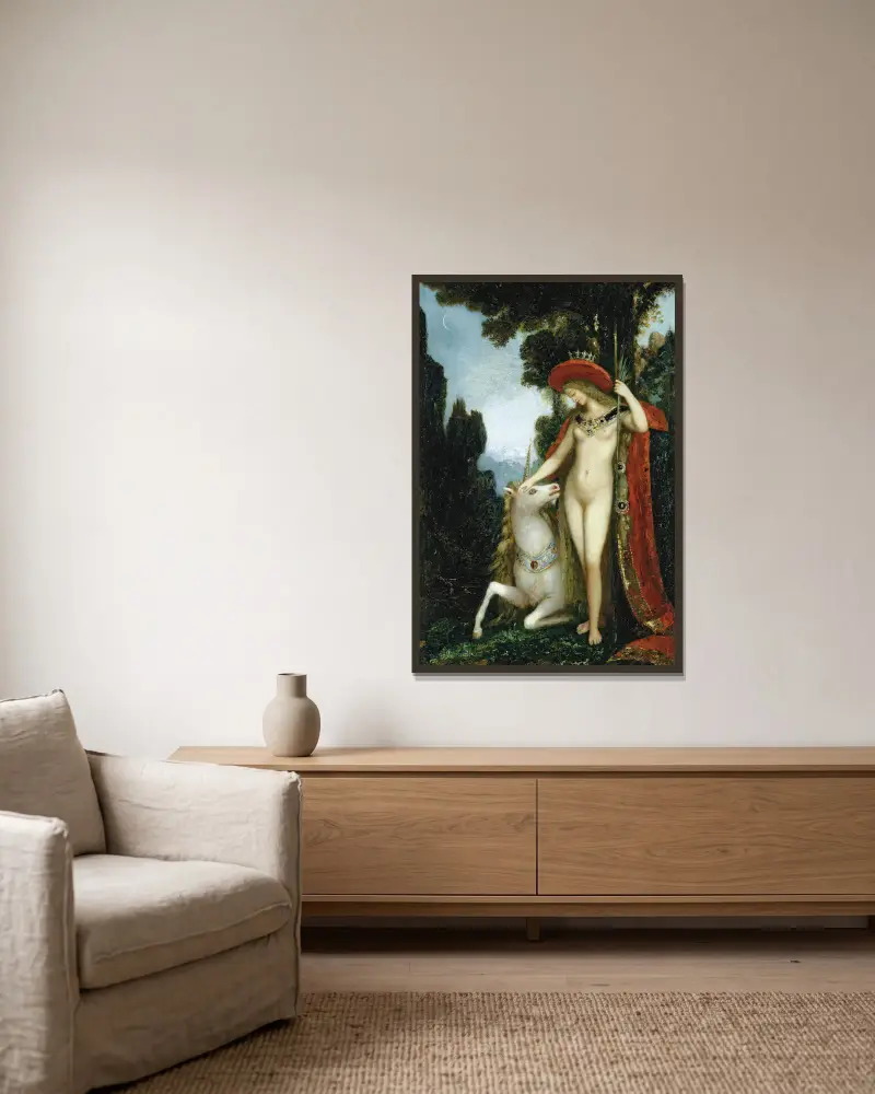 Das Einhorn von Gustave Moreau gerahmt an einer Wand