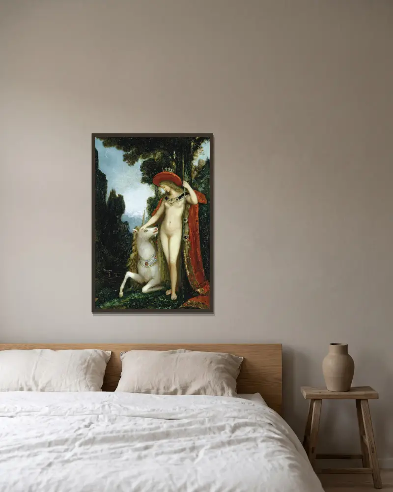 Das Einhorn von Gustave Moreau gerahmt an einer Wand