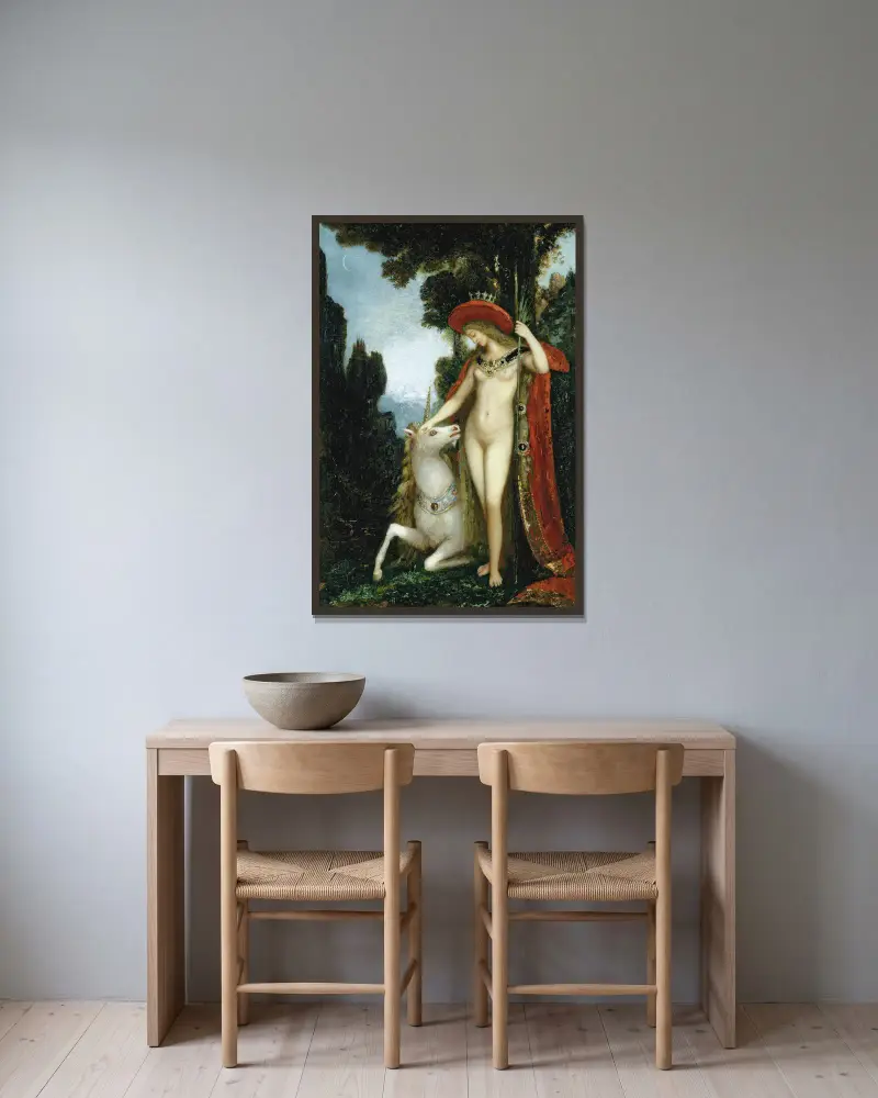 Das Einhorn von Gustave Moreau gerahmt an einer Wand